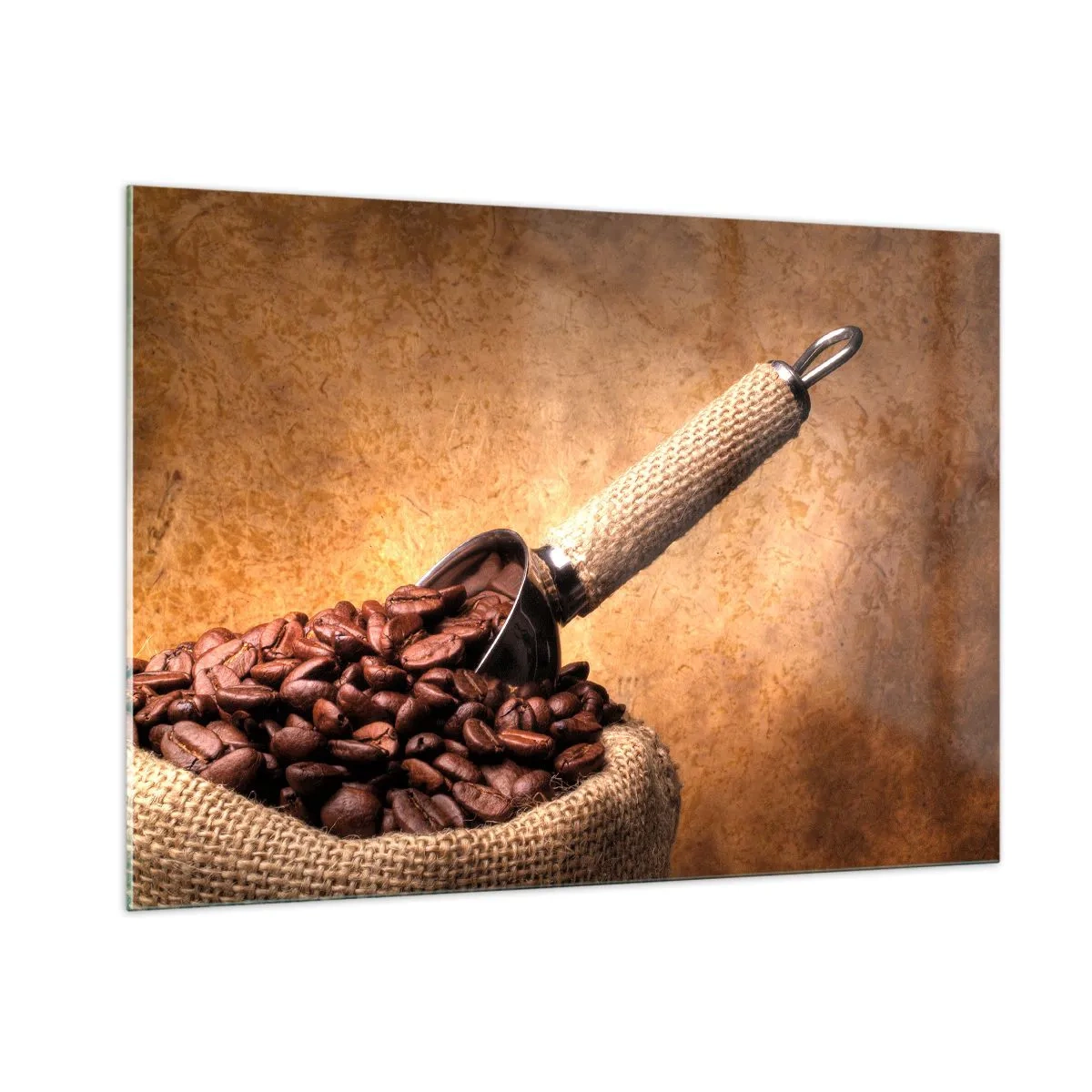 Glasbild - Bild auf glas - Kaffeebohnen in einem Jutebeutel mit einer Metallschaufel - 100x70cm - An der Quelle des Geschmacks - Moderne Wanddekoration für Wohnzimmer und Schlafzimmer ARTTOR