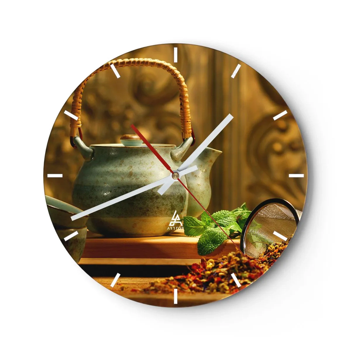 Wanduhr - Glasuhr - Grüner Tee mit frischen Minzblättern - 30x30cm - Abhandlung über das Teetrinken - Moderne Wanddekoration für Wohnzimmer, Küche und Schlafzimmer ARTTOR