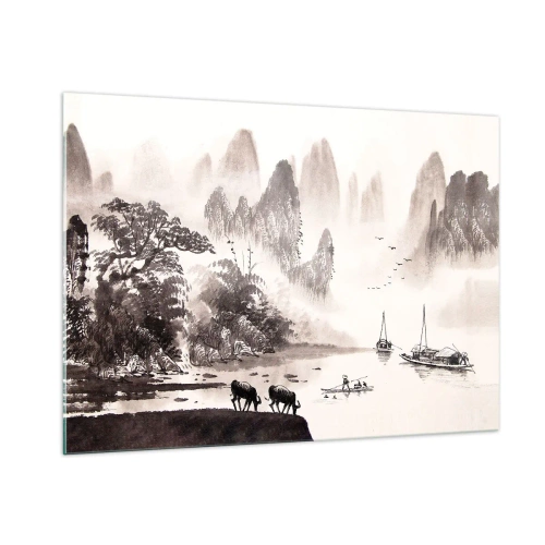 Glasbild - Bild auf glas - Chinesische Landschaft mit Bergen, Bäumen und Wasser - 100x70cm - Der exotische Alltag des Ostens - Moderne Wanddekoration für Wohnzimmer und Schlafzimmer ARTTOR