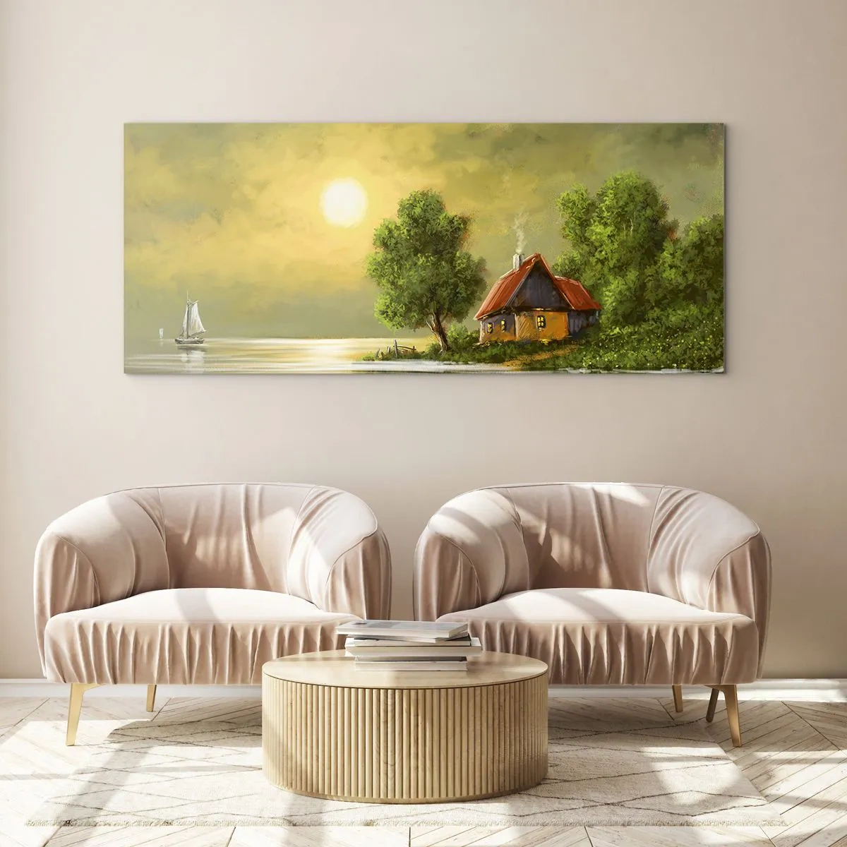 Glasbild - Bild auf glas - Seehaus im Abendlicht - 160x50cm - Schön, wie ein Bild - Moderne Wanddekoration für Wohnzimmer und Schlafzimmer ARTTOR
