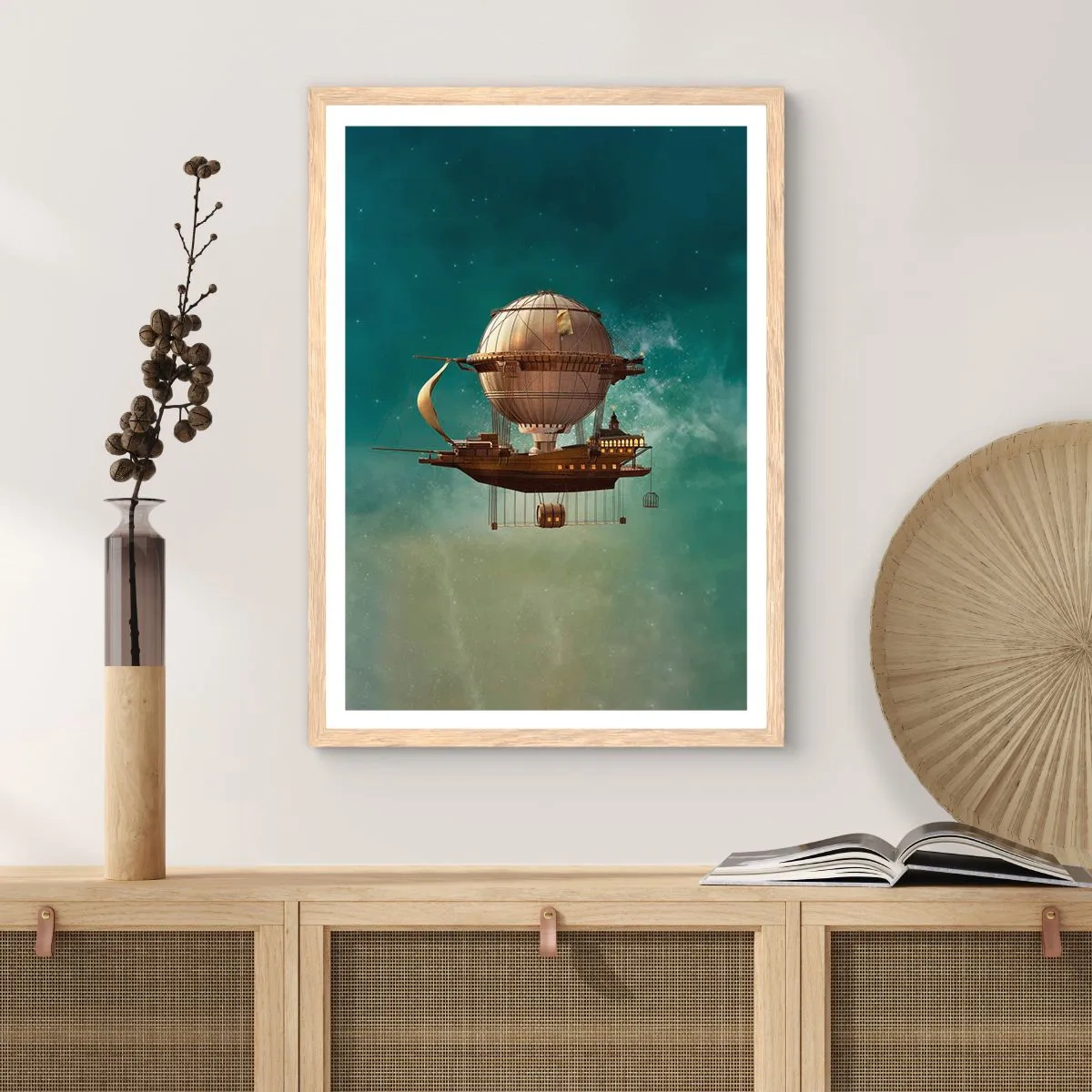 Poster in einem Rahmen aus heller Eiche - Jules Verne sagt Hallo - 70x100 cm
