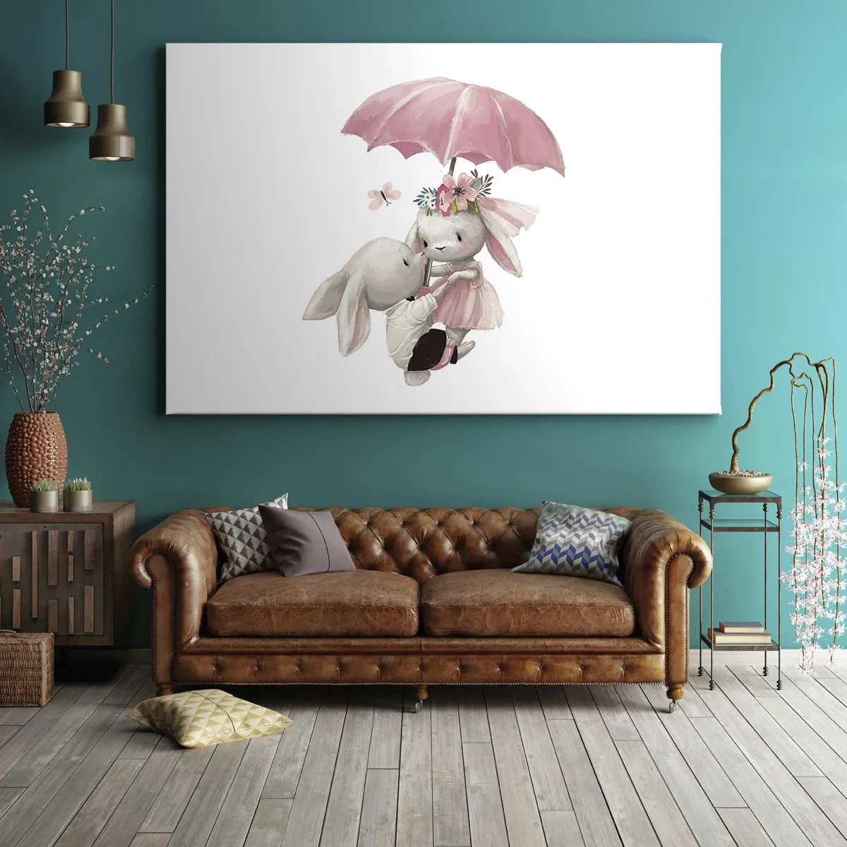 Bild auf Leinwand - Leinwandbild - Süße Häschen unter einem rosa Regenschirm - 120x80cm - Das ist eben Liebe - Moderne Wanddekoration für Wohnzimmer und Schlafzimmer ARTTOR