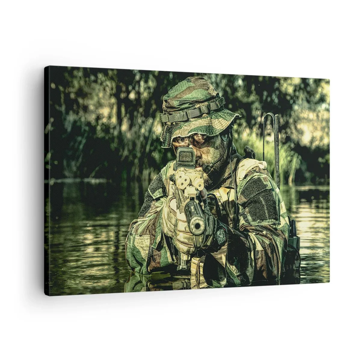 Bild auf Leinwand - Leinwandbild - Ein Soldat in Tarnkleidung zielt durch das Wasser. - 70x50cm - Das Beste vom Besten - Moderne Wanddekoration für Wohnzimmer und Schlafzimmer ARTTOR