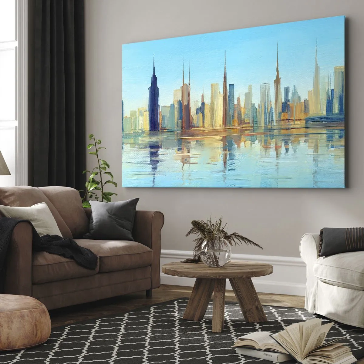 Bild auf Leinwand - Leinwandbild - Ein Panorama der Stadt in warmen Farben mit Spiegelung im Wasser - 120x80cm - Sonnige Metropole - Moderne Wanddekoration für Wohnzimmer und Schlafzimmer ARTTOR