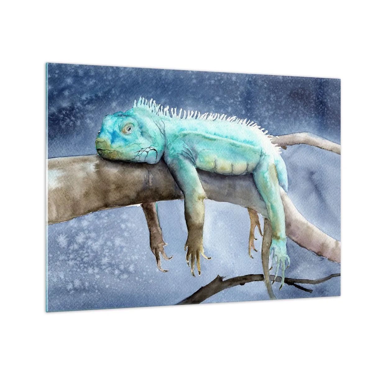 Glasbild - Bild auf glas - Blauer Leguan liegt auf einem Ast im Aquarellstil - 70x50cm - Es ist gut! - Moderne Wanddekoration für Wohnzimmer und Schlafzimmer ARTTOR