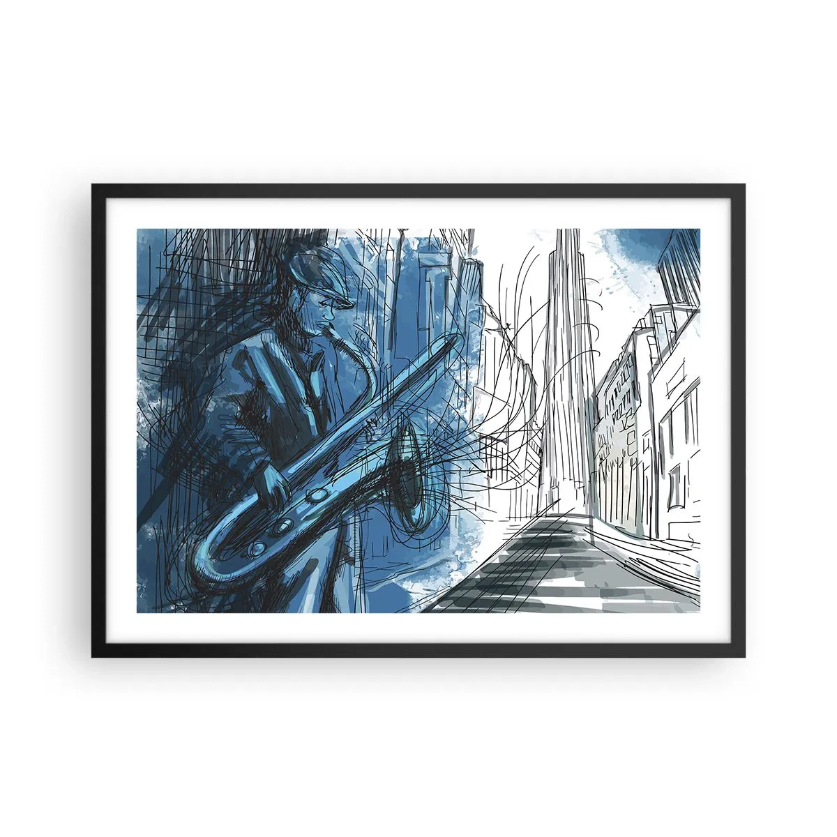 Poster in einem schwarzem Rahmen - Eine Saxophon spielende Figur vor dem Hintergrund einer Stadt - 70x50cm - Urbane Rhapsodie - Moderne Wanddekoration für Wohnzimmer und Schlafzimmer ARTTOR