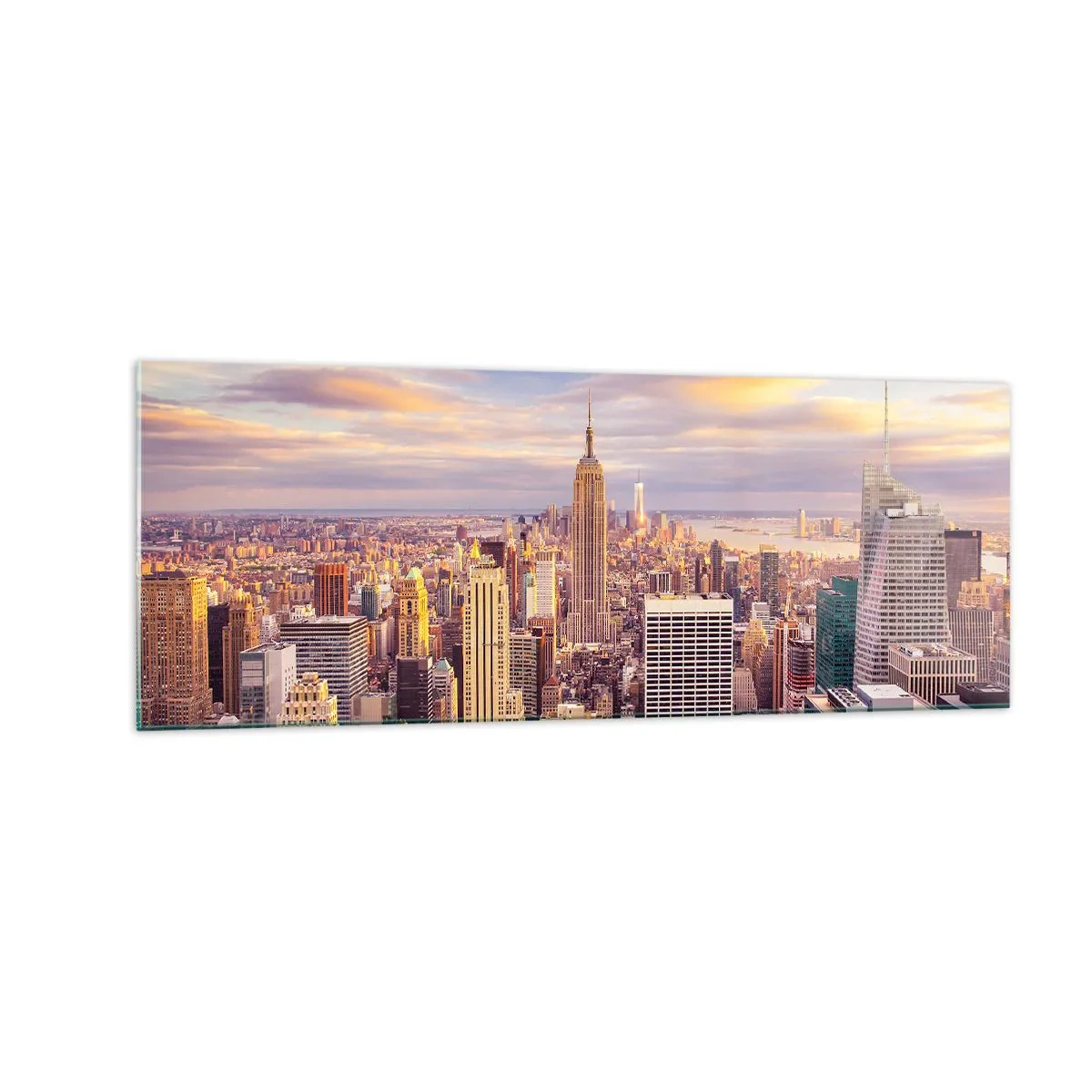 Glasbild - Bild auf glas - Panorama einer modernen Stadt mit Wolkenkratzern bei Sonnenuntergang - 140x50cm - Nur nach den Wolken greifen - Moderne Wanddekoration für Wohnzimmer und Schlafzimmer ARTTOR