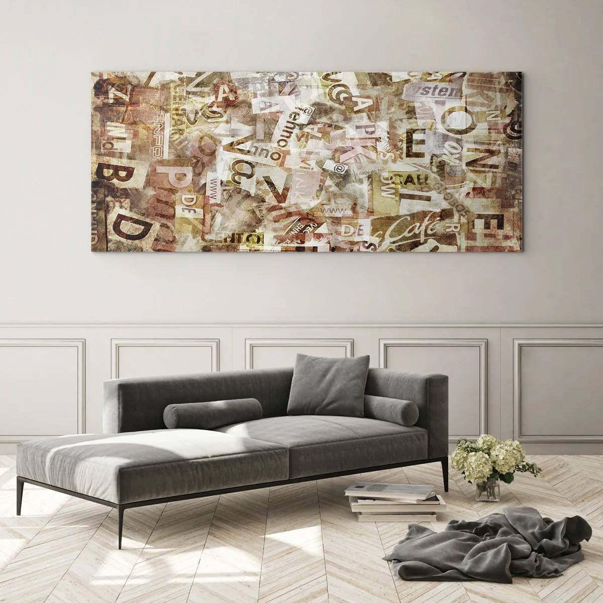 Glasbild - Bild auf glas - Abstrakte Komposition mit Buchstaben und Textfragmenten - 120x50cm - Ich vereinige das Geschwätz - Moderne Wanddekoration für Wohnzimmer und Schlafzimmer ARTTOR