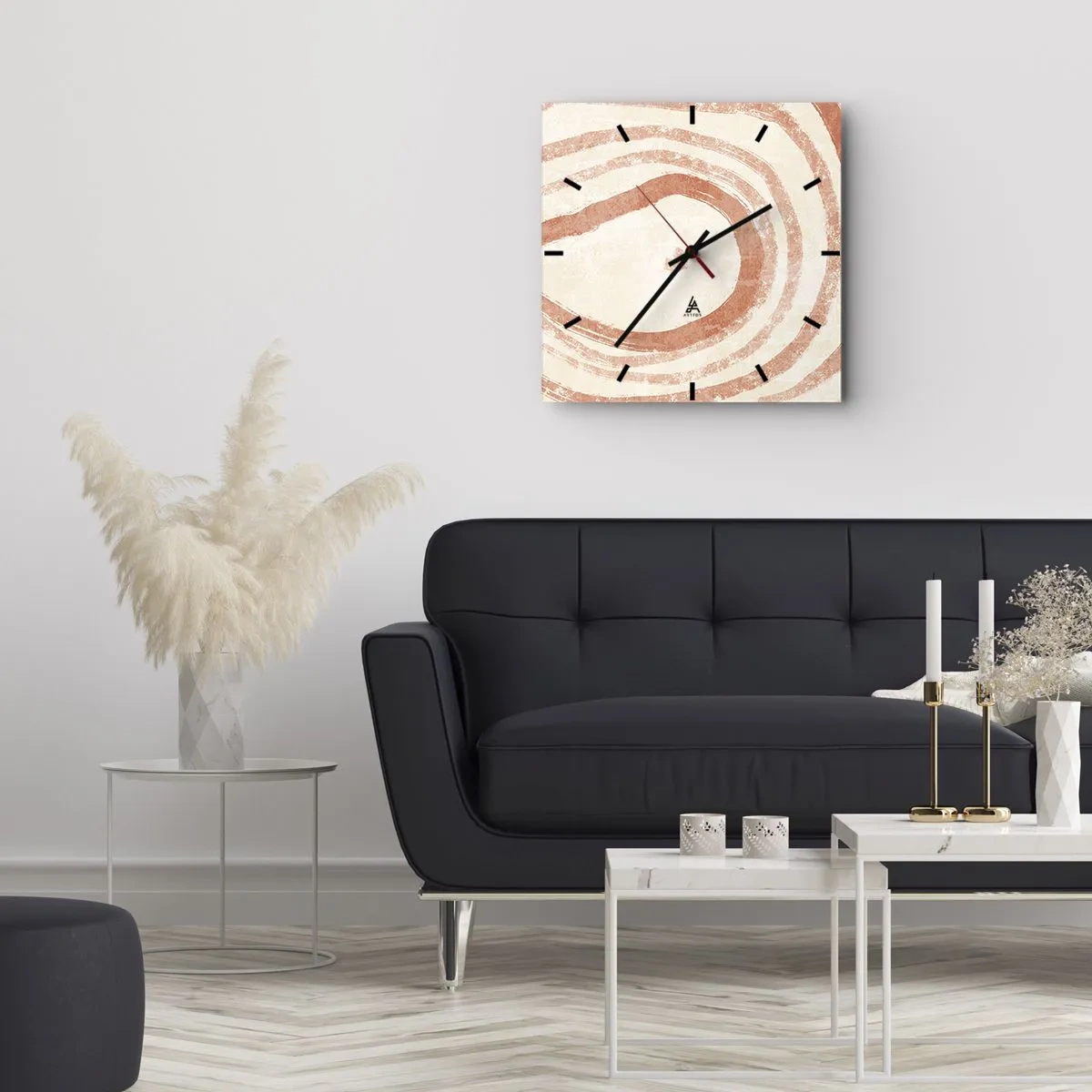 Wanduhr - Glasuhr - Ein abstraktes Motiv aus konzentrischen Linien in Terrakotta-Tönen. - 30x30cm - Korallenkreise – Komposition - Moderne Wanddekoration für Wohnzimmer und Schlafzimmer ARTTOR