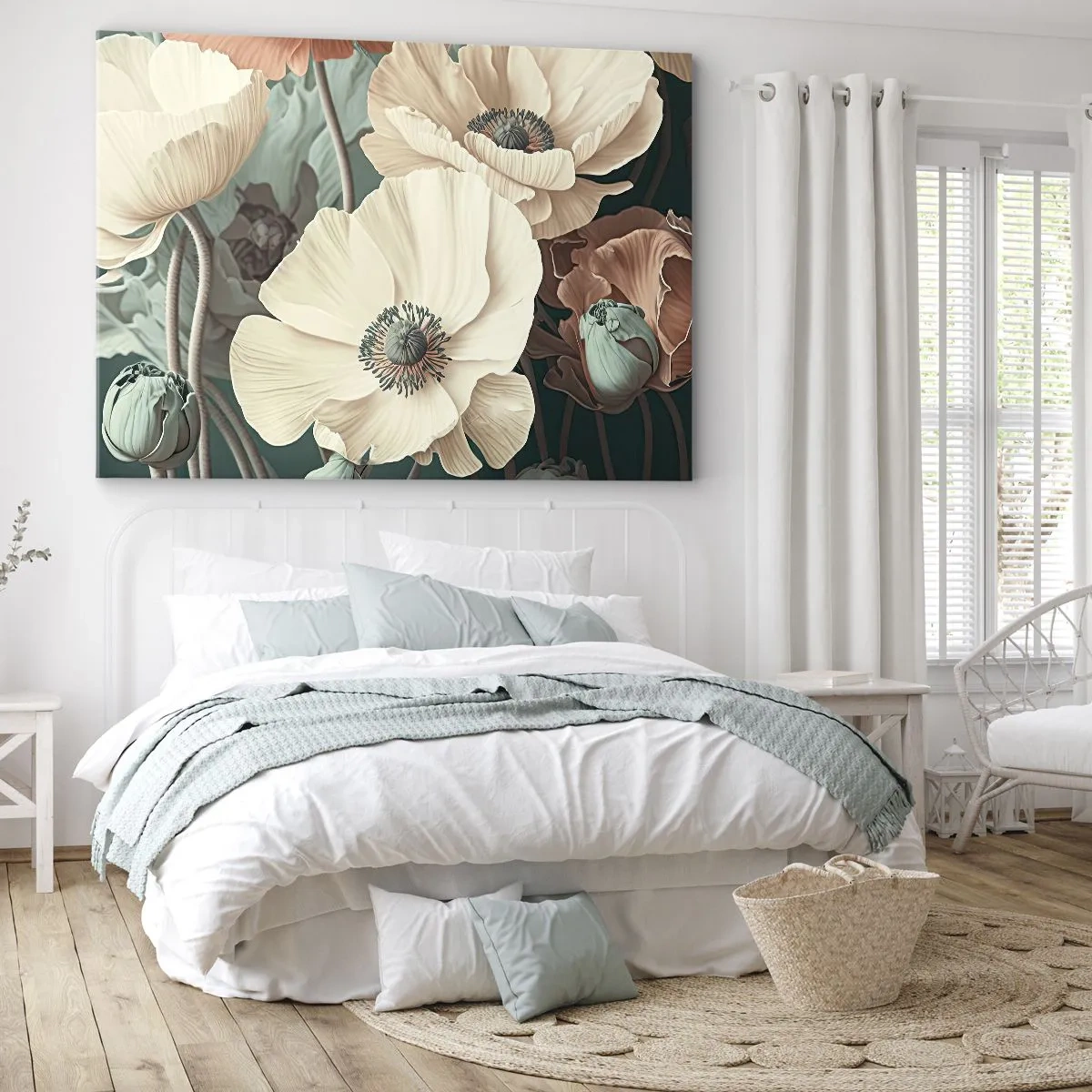 Bild auf Leinwand - Leinwandbild - Elegante Blumen in Pastelltönen auf grünem Hintergrund - 70x50cm - Flüstern von Mohnblumen - Moderne Wanddekoration für Wohnzimmer und Schlafzimmer ARTTOR