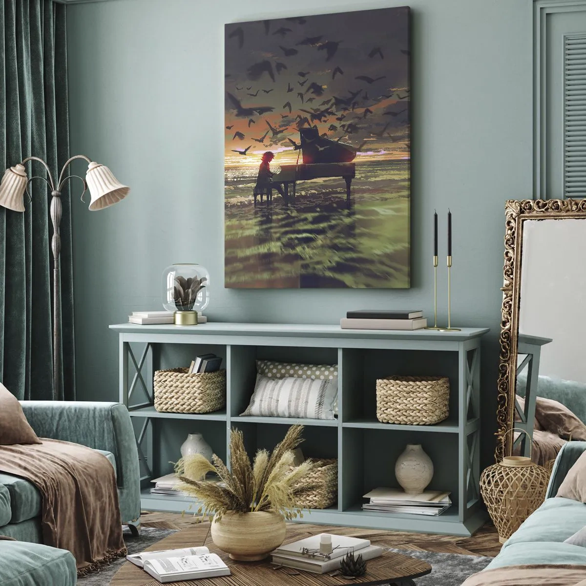 Bild auf Leinwand - Leinwandbild - Ein Klavier am Meeresufer bei Sonnenuntergang mit Vögeln - 50x70cm - Konzert für Klavier und Wellen - Moderne Wanddekoration für Wohnzimmer und Schlafzimmer ARTTOR