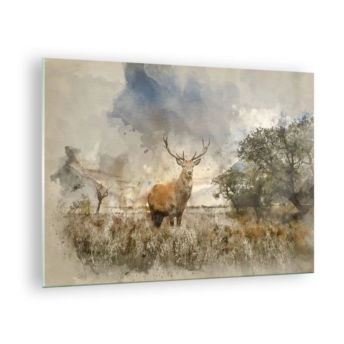 Glasbild - Bild auf glas - Ein Hirsch in einer natürlichen Landschaft mit dezenten Farben im Hintergrund - 70x50cm - Würde – Stärke – Würde - Moderne Wanddekoration für Wohnzimmer und Schlafzimmer ARTTOR