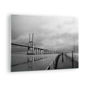 Glasbild - Bild auf glas - Eine Brücke in einer monochromen Landschaft mit einem Radfahrer - 70x50cm - Jedem das Verdiente - Moderne Wanddekoration für Wohnzimmer und Schlafzimmer ARTTOR