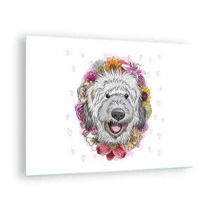 Glasbild - Bild auf glas - Illustration eines Hundes, umgeben von Blumen - 70x50cm - Welpenfreude - Moderne Wanddekoration für Wohnzimmer und Schlafzimmer ARTTOR