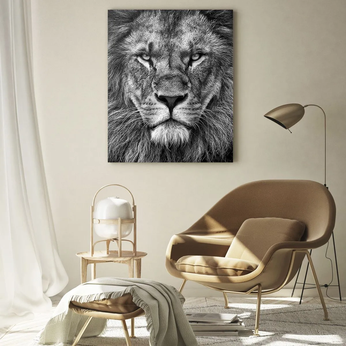 Glasbild - Bild auf glas - Porträt eines Löwen in Schwarz-Weiß mit majestätischer Mähne - 50x70cm - Im Krönungsgewand - Moderne Wanddekoration für Wohnzimmer und Schlafzimmer ARTTOR