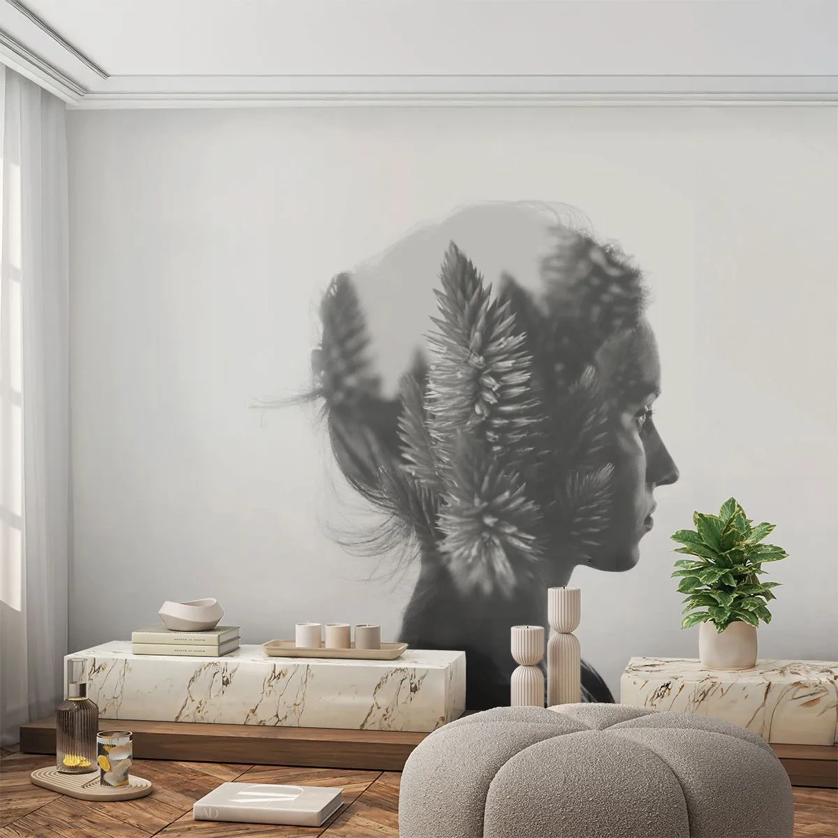 Fototapete Standard Eco - Doppelbelichtung einer Frau und Pflanzen in Schwarzweiß - 100x70cm - Dame des Kiefernwaldes - Moderne Wanddekoration für Wohnzimmer und Schlafzimmer ARTTOR