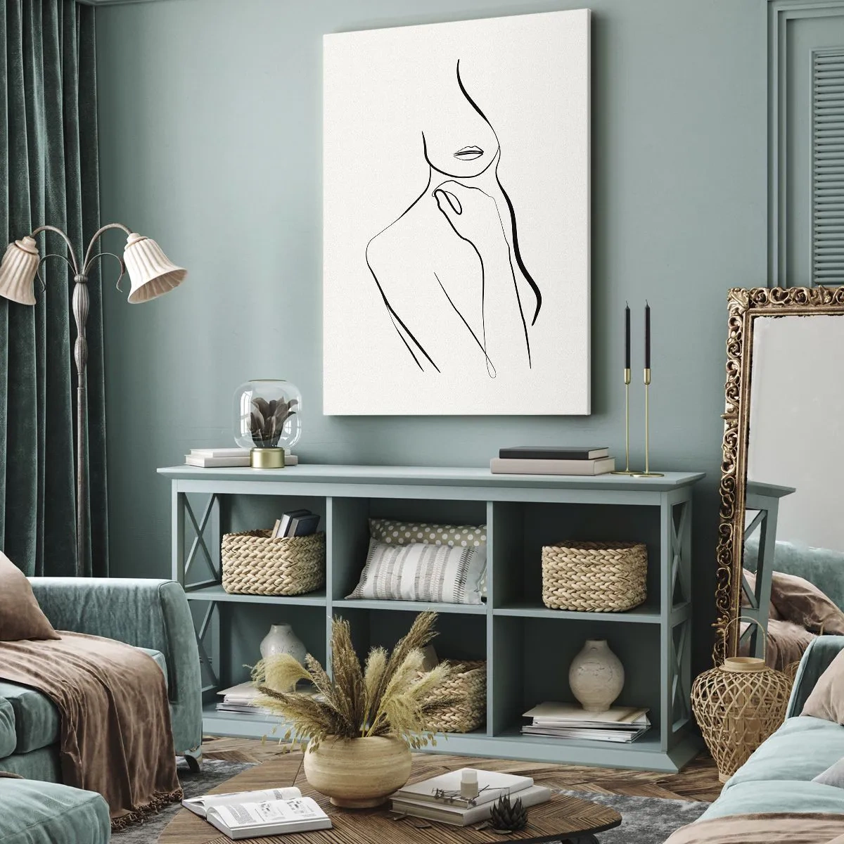 Bild auf Leinwand - Leinwandbild - Eine minimalistische Skizze der Silhouette einer Frau vor hellem Hintergrund. - 50x70cm - Eine Welle der Melancholie - Moderne Wanddekoration für Wohnzimmer und Schlafzimmer ARTTOR