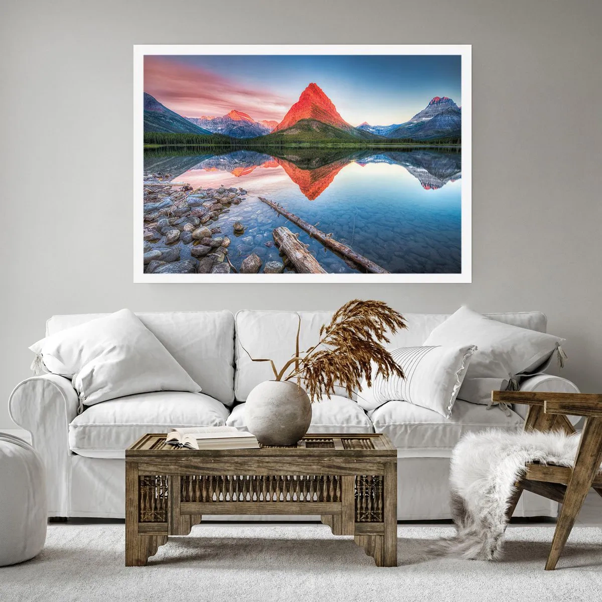Poster - Ein Berg, der sich bei Sonnenuntergang in einem See spiegelt - 100x70cm - Hitze und Kälte - Moderne Wanddekoration für Wohnzimmer und Schlafzimmer ARTTOR