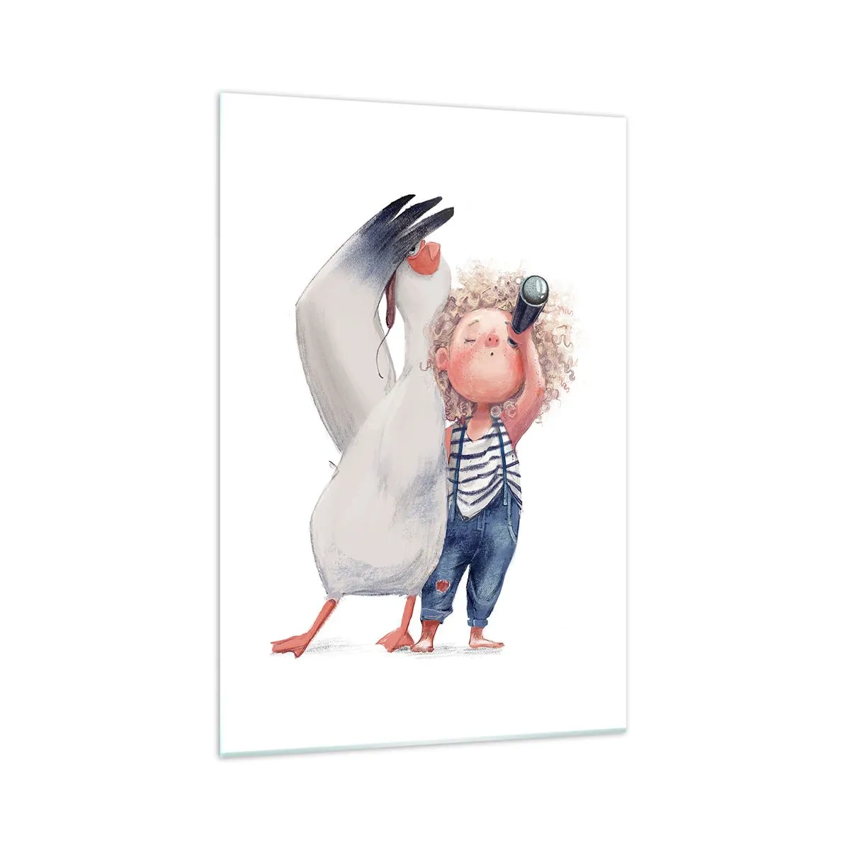 Glasbild - Bild auf glas - Illustration eines Kindes mit einem Pelikan und einem Teleskop in der Hand - 70x100cm - Toller Reiseplan - Moderne Wanddekoration für Wohnzimmer und Schlafzimmer ARTTOR