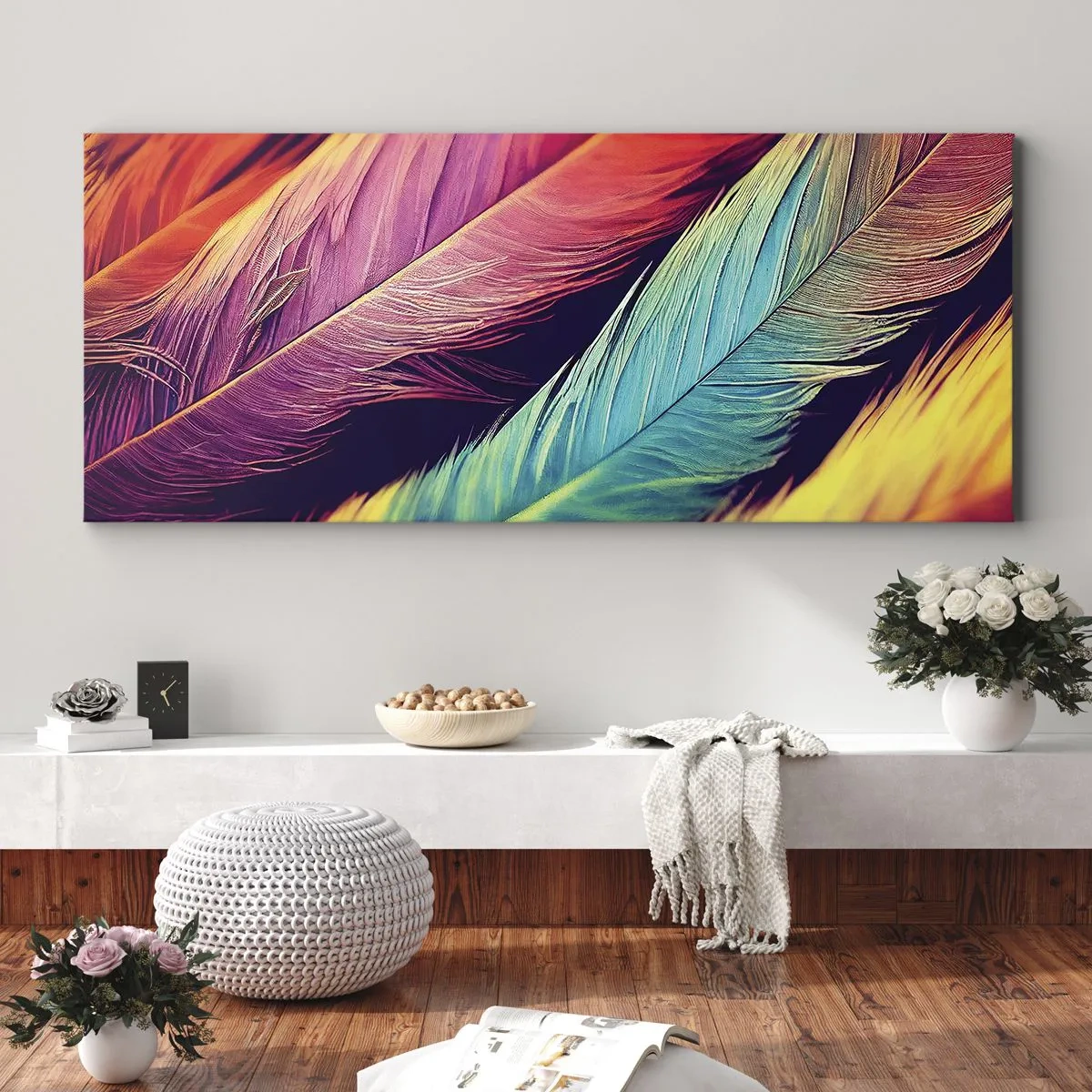 Bild auf Leinwand - Leinwandbild - Gefiederter Regenbogen - 90x30 cm