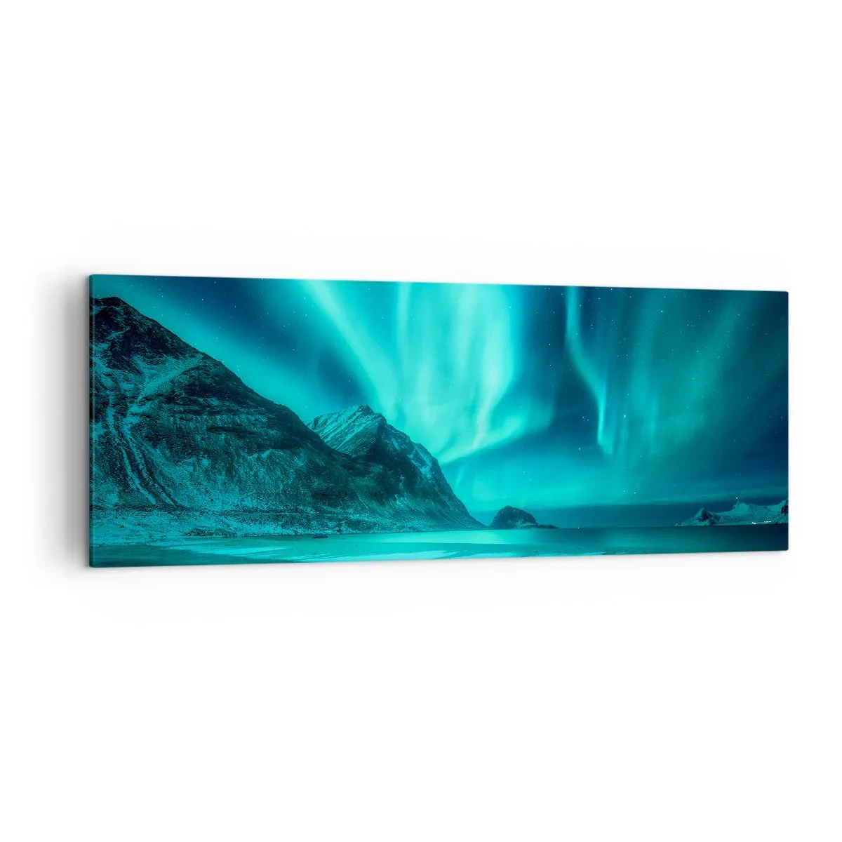 Bild auf Leinwand - Leinwandbild - Aurora Borealis über einer bergigen Winterlandschaft - 140x50cm - Wunder des Nordens - Moderne Wanddekoration für Wohnzimmer und Schlafzimmer ARTTOR