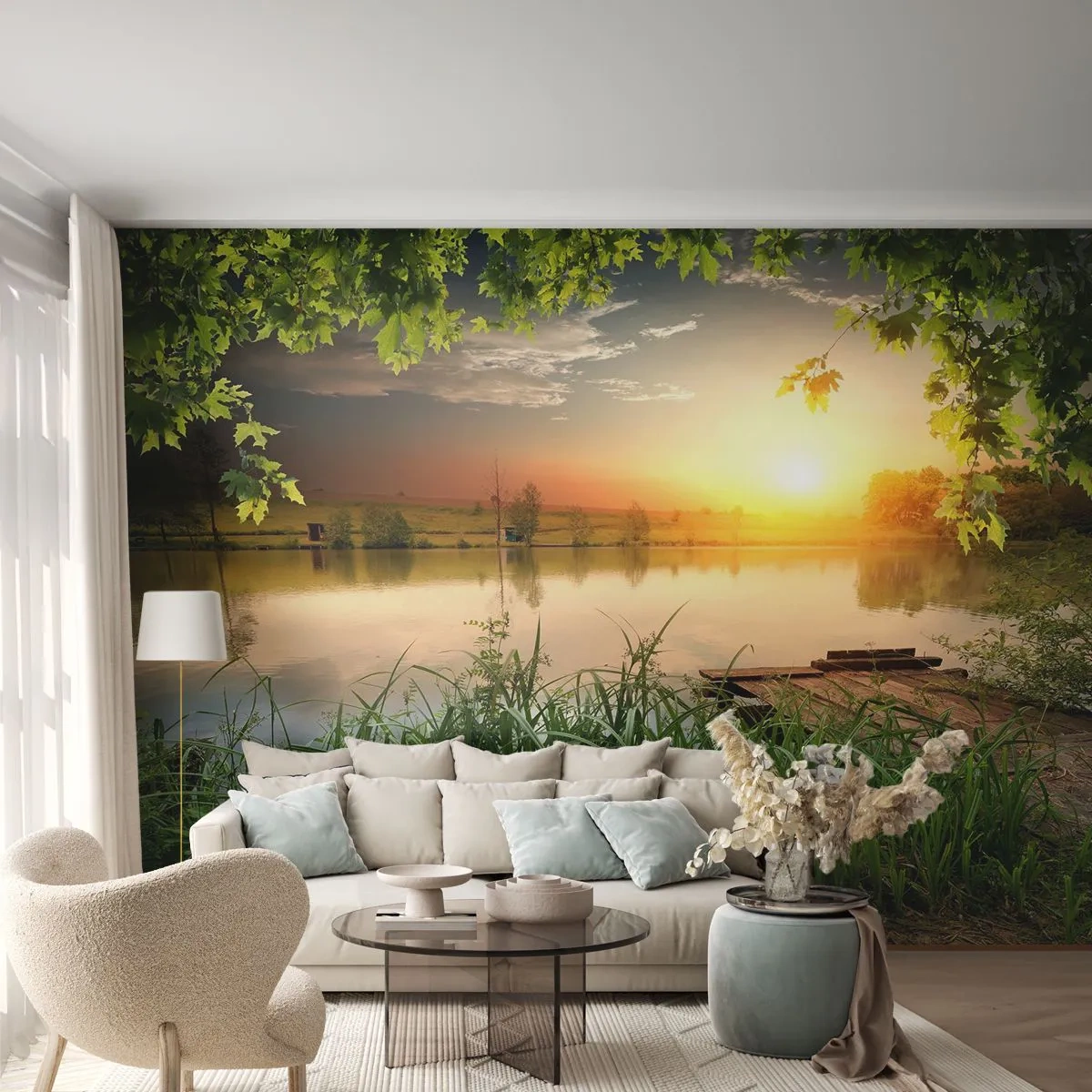 Fototapete Premium Sand - Landschaft in einem grünen Rahmen - Landschaft, See, Holzbrücke - 100x70 cm