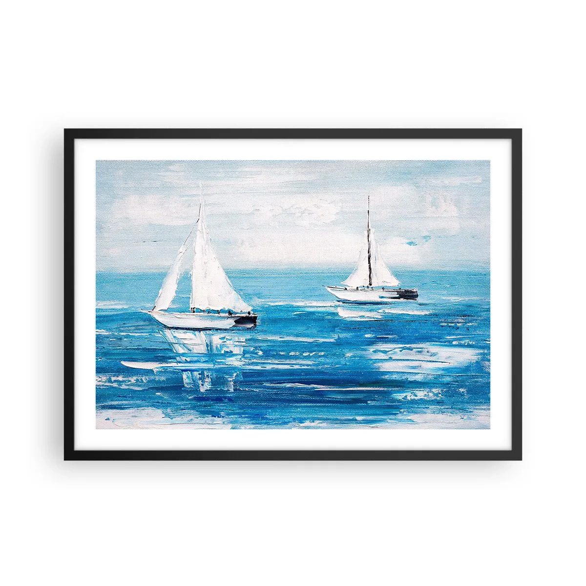 Poster in einem schwarzem Rahmen - Yachten auf dem blauen Meer im künstlerischen Stil - 70x50cm - Mit Freund an der Seite - Moderne Wanddekoration für Wohnzimmer und Schlafzimmer ARTTOR