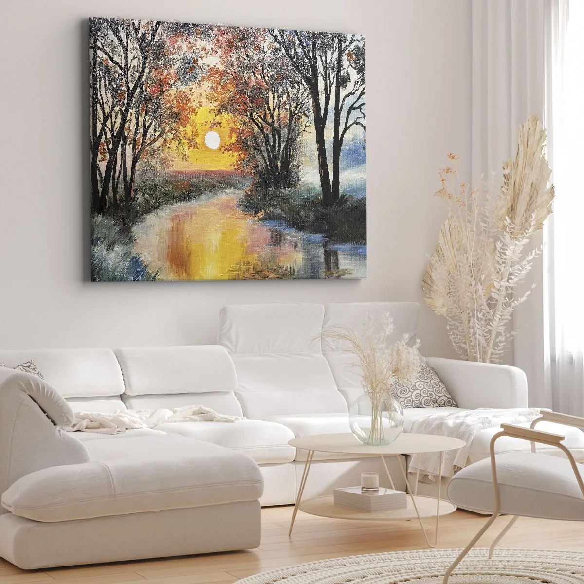 Bild auf Leinwand - Leinwandbild - Sonnenuntergang über dem Fluss in einer Herbstlandschaft - 100x70cm - Herbststimmung - Moderne Wanddekoration für Wohnzimmer und Schlafzimmer ARTTOR