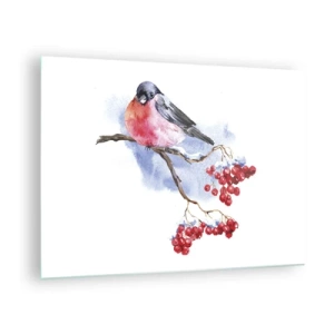 Glasbild - Bild auf glas - Ein Vogel auf einem Ebereschenzweig - 70x50cm - Winter in Farbe - Moderne Wanddekoration für Wohnzimmer und Schlafzimmer ARTTOR