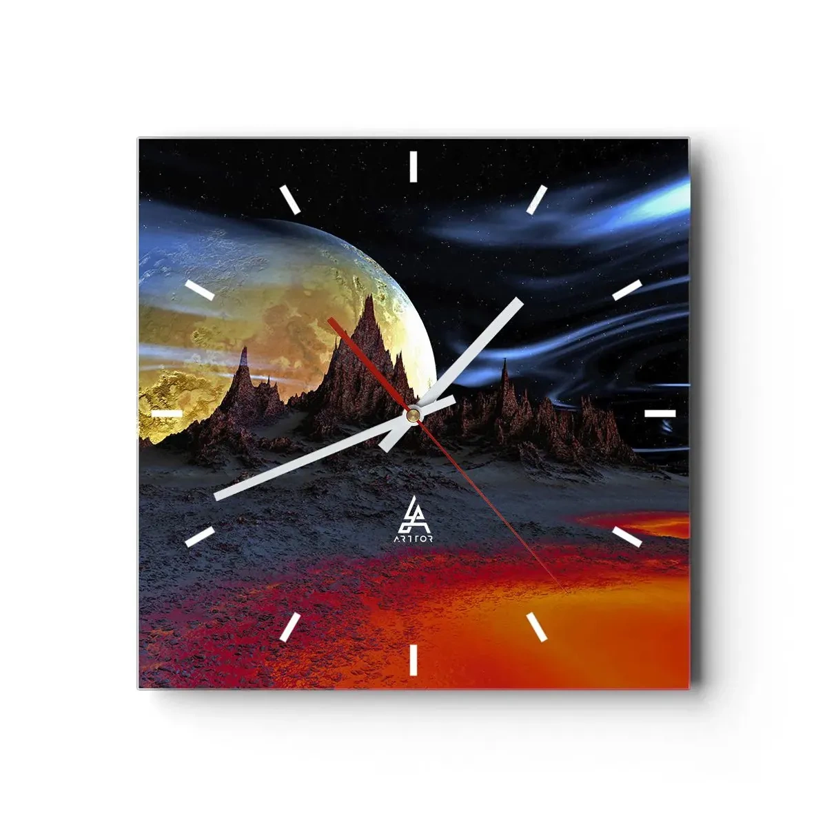 Wanduhr - Glasuhr - Eine fantastische Landschaft mit Planeten und Vulkanen - 30x30cm - Unbekannte Welt - Moderne Wanddekoration für Wohnzimmer und Schlafzimmer ARTTOR