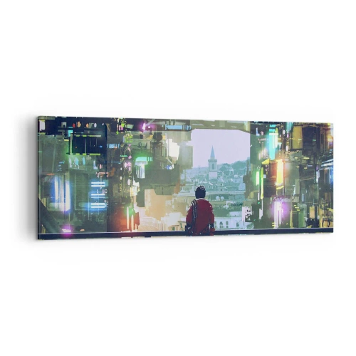 Bild auf Leinwand - Leinwandbild - Eine Figur in einer futuristischen Stadt mit Neonlichtern - 140x50cm - Zwei Welten - Moderne Wanddekoration für Wohnzimmer und Schlafzimmer ARTTOR