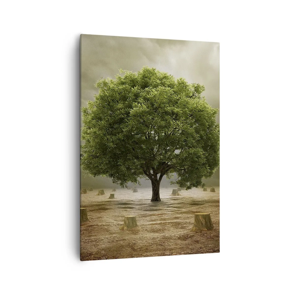 Bild auf Leinwand - Leinwandbild - Ein grüner Baum, umgeben von gefällten Baumstämmen vor einem bewölkten Himmel - 70x100cm - Alle Hoffnung - Moderne Wanddekoration für Wohnzimmer und Schlafzimmer ARTTOR