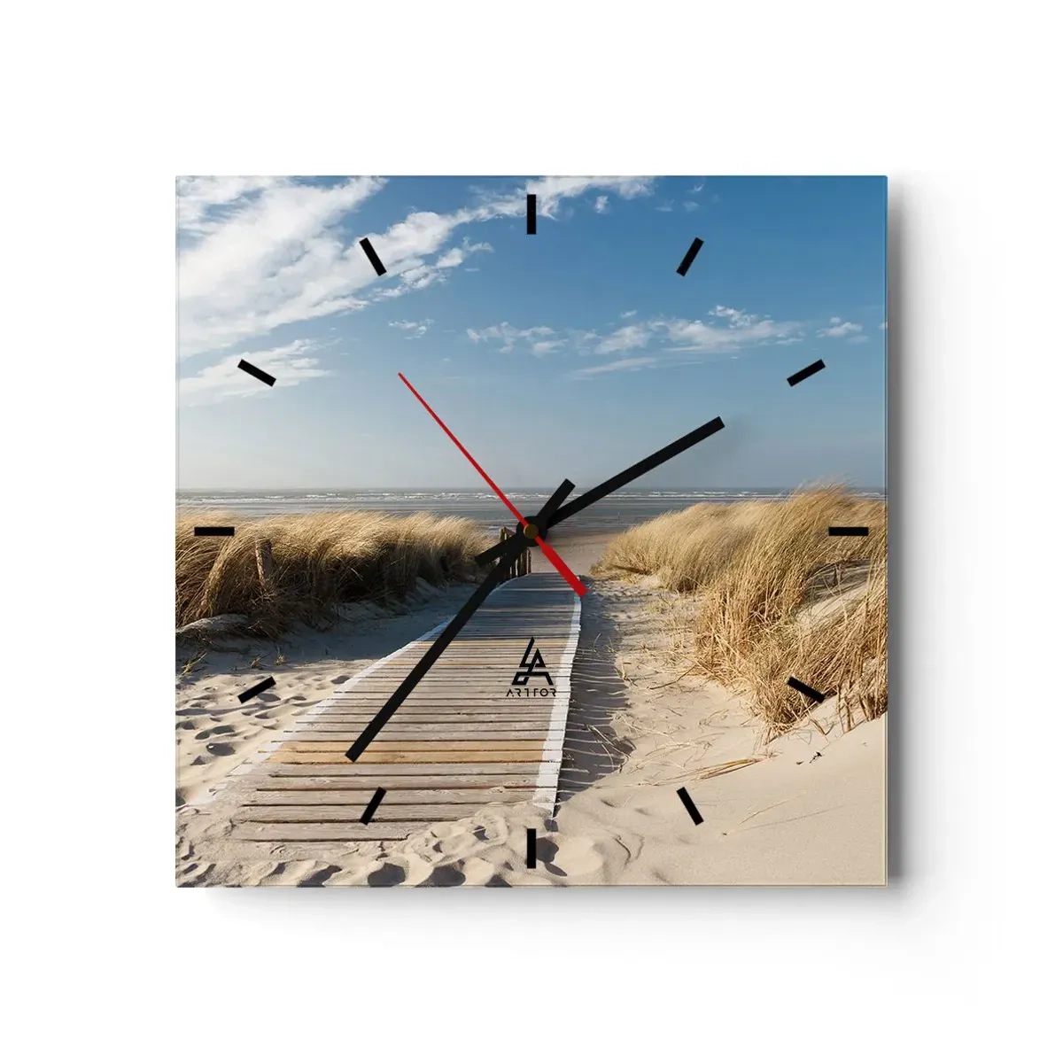 Wanduhr - Glasuhr - Ein Holzweg führt durch die Dünen zum ruhigen Meer - 30x30cm - Hinter der Düne, im Rauschen des Grases - Moderne Wanddekoration für Wohnzimmer und Schlafzimmer ARTTOR