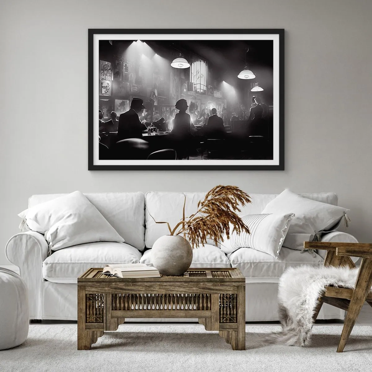 Poster in einem schwarzem Rahmen - Schwarz-weiße Jazz-Nachtclubszene - 70x50cm - In Jazz-Atmosphäre - Moderne Wanddekoration für Wohnzimmer und Schlafzimmer ARTTOR