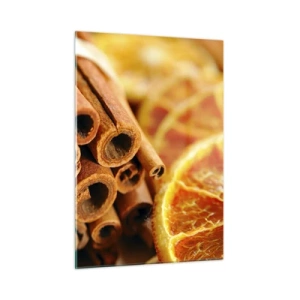 Glasbild - Bild auf glas - Nahaufnahme von Zimtstangen und getrockneten Orangenscheiben - 50x70cm - Kannst du ihr Aroma riechen? - Moderne Wanddekoration für Wohnzimmer und Schlafzimmer ARTTOR