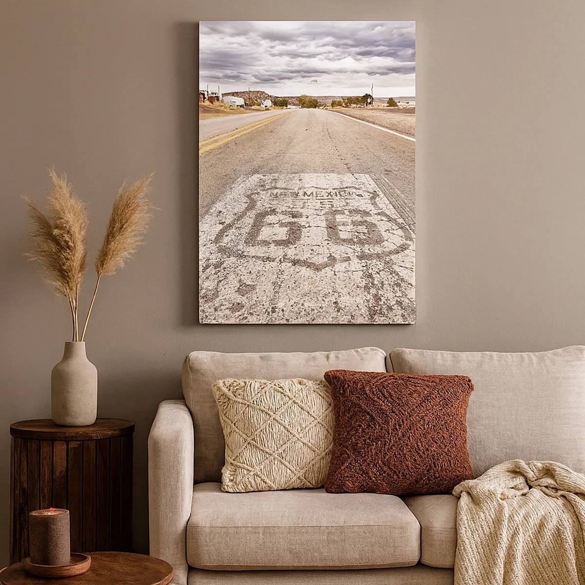 Bild auf Leinwand - Leinwandbild - Route 66 in einem Wüstenklima mit malerischem Himmel - 50x70cm - Mother Road - eine amerikanische Legende - Moderne Wanddekoration für Wohnzimmer und Schlafzimmer ARTTOR