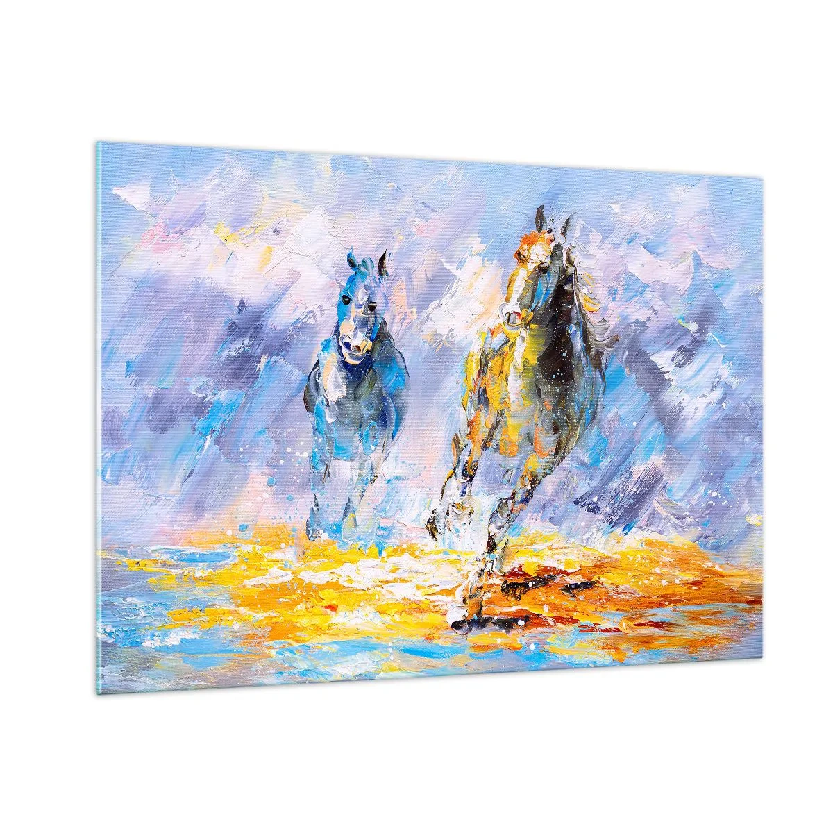 Glasbild - Bild auf glas - Zwei Pferde galoppieren im künstlerischen Stil durchs Wasser - 100x70cm - Galopp durch die Blendung - Moderne Wanddekoration für Wohnzimmer und Schlafzimmer ARTTOR