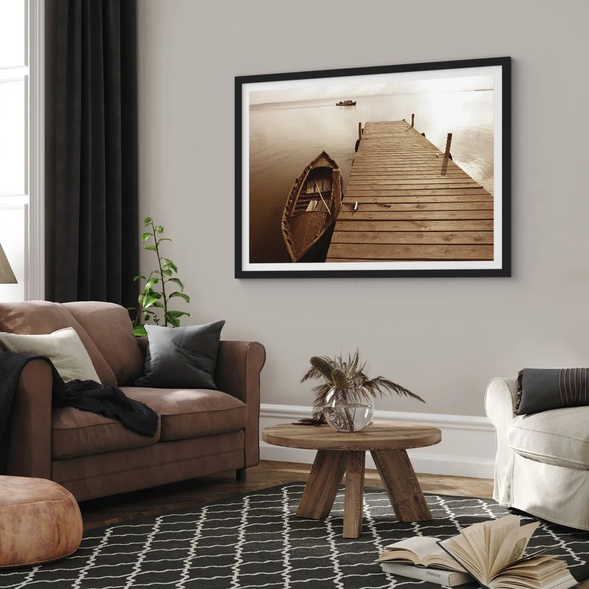 Poster in einem schwarzem Rahmen - Holzsteg und Boot auf einem ruhigen See - 100x70cm - Großer Frieden - Moderne Wanddekoration für Wohnzimmer und Schlafzimmer ARTTOR