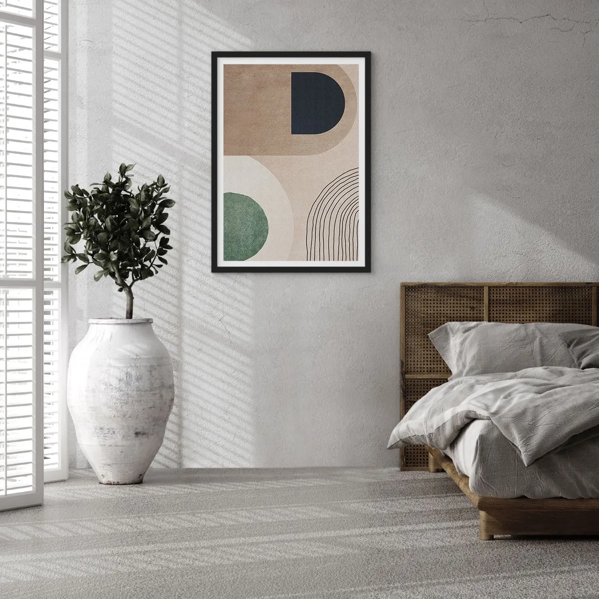 Poster in einem schwarzem Rahmen - Geometrische Abstraktion in Beige-, Grün- und Schwarztönen - 50x70cm - Sanftheit des Ovals - Moderne Wanddekoration für Wohnzimmer und Schlafzimmer ARTTOR