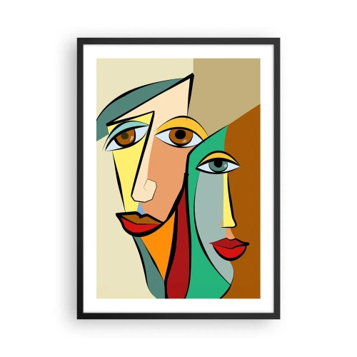 Poster in einem schwarzem Rahmen - Abstrakte Gesichter im kubistischen Stil in warmen Farben - 50x70cm - Kubistisches Paar - Moderne Wanddekoration für Wohnzimmer und Schlafzimmer ARTTOR