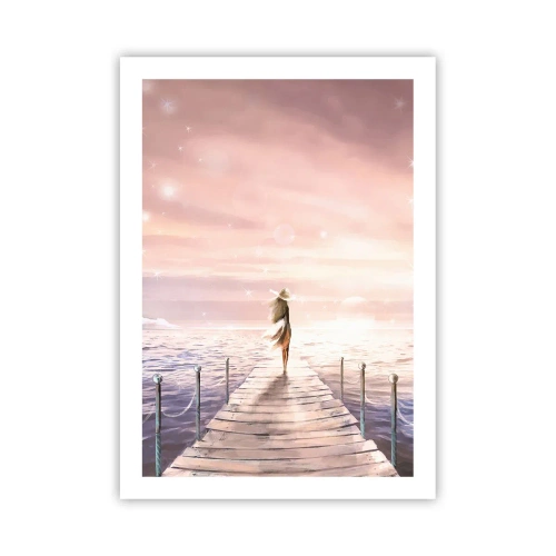 Poster - Romantischer Sonnenuntergang am Pier mit einer Frau mit Hut - 50x70cm - Im Licht eines Traums - Moderne Wanddekoration für Wohnzimmer und Schlafzimmer ARTTOR