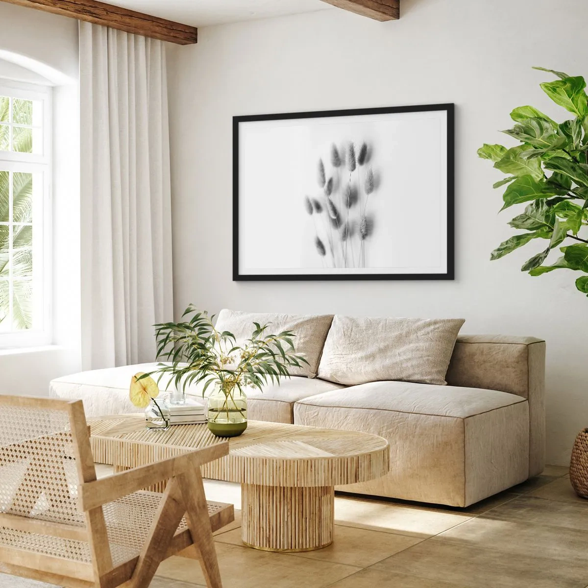 Poster in einem schwarzem Rahmen - Zarte Gräser in Grautönen auf weißem Hintergrund - 70x50cm - Eure flauschige Grashoheit - Moderne Wanddekoration für Wohnzimmer und Schlafzimmer ARTTOR
