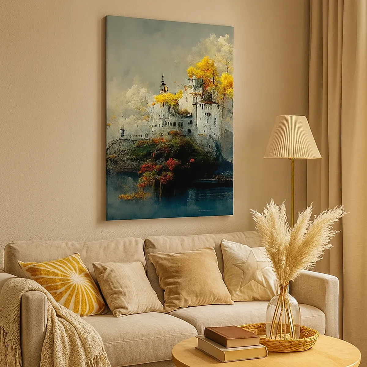 Bild auf Leinwand - Leinwandbild - Ein Schloss auf einem Hügel, umgeben von herbstlichen Bäumen - 50x70cm - Beginn einer romantischen Geschichte - Moderne Wanddekoration für Wohnzimmer und Schlafzimmer ARTTOR