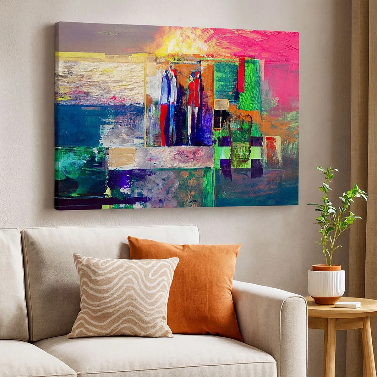 Bild auf Leinwand - Leinwandbild - Abstrakte Komposition mit Figuren und geometrischen Mustern - 70x50cm - Beziehungen und Emotionen - Moderne Wanddekoration für Wohnzimmer und Schlafzimmer ARTTOR