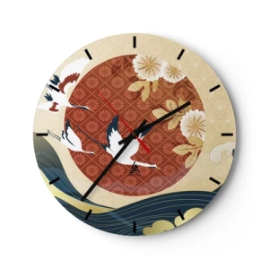 Wanduhr - Glasuhr - Japanische Kraniche vor dem Hintergrund eines roten Kreises und stilisierter Wellen. - 30x30cm - Japanisches Märchen - Moderne Wanddekoration für Wohnzimmer, Küche und Schlafzimmer ARTTOR