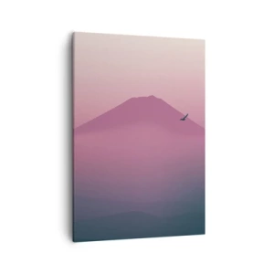 Bild auf Leinwand - Leinwandbild - Eine minimalistische Landschaft mit einem Berg und Vögeln bei Sonnenaufgang - 50x70cm - Wanderer über den Wolken - Moderne Wanddekoration für Wohnzimmer und Schlafzimmer ARTTOR