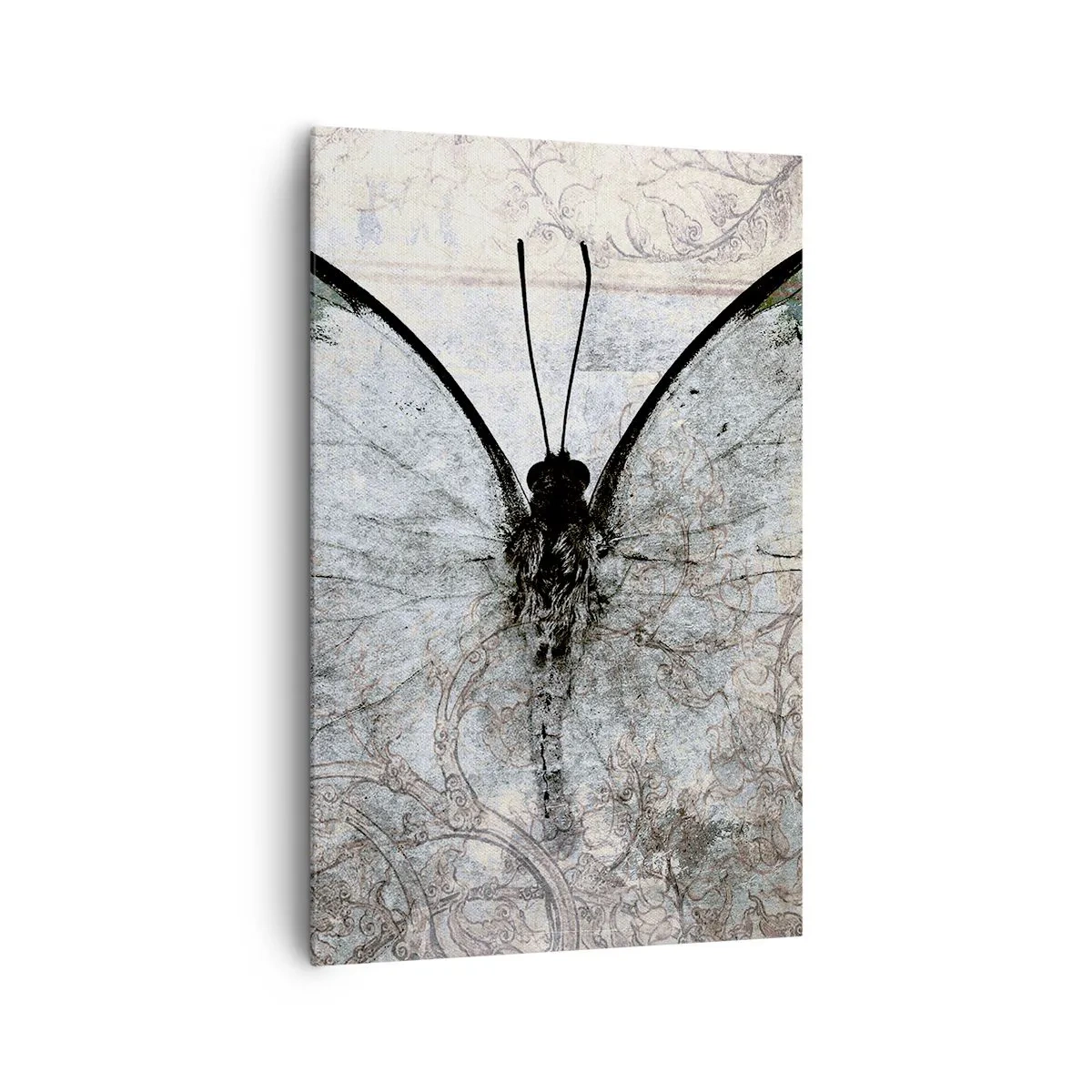 Bild auf Leinwand - Leinwandbild - Ein Schmetterling in Grün- und Grautönen auf dekorativem Hintergrund - 80x120cm - Im Jugendstil - Moderne Wanddekoration für Wohnzimmer und Schlafzimmer ARTTOR