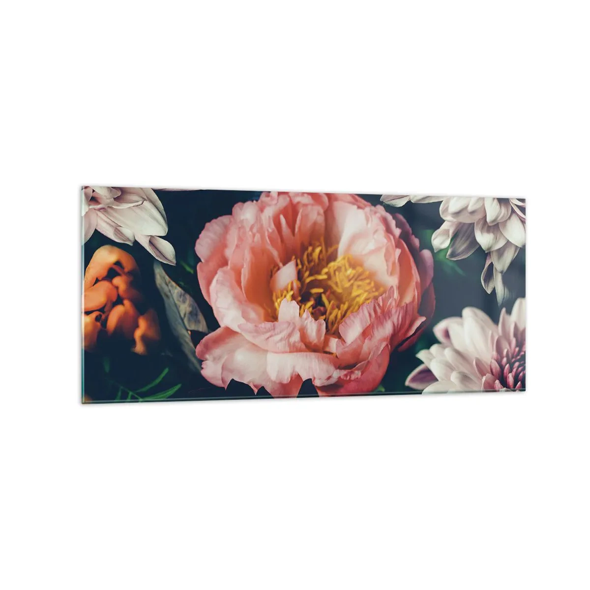 Glasbild - Bild auf glas - Blumenarrangement mit Pfingstrosen und Chrysanthemen auf dunklem Hintergrund - 120x50cm - Mit barocker Pracht - Moderne Wanddekoration für Wohnzimmer und Schlafzimmer ARTTOR