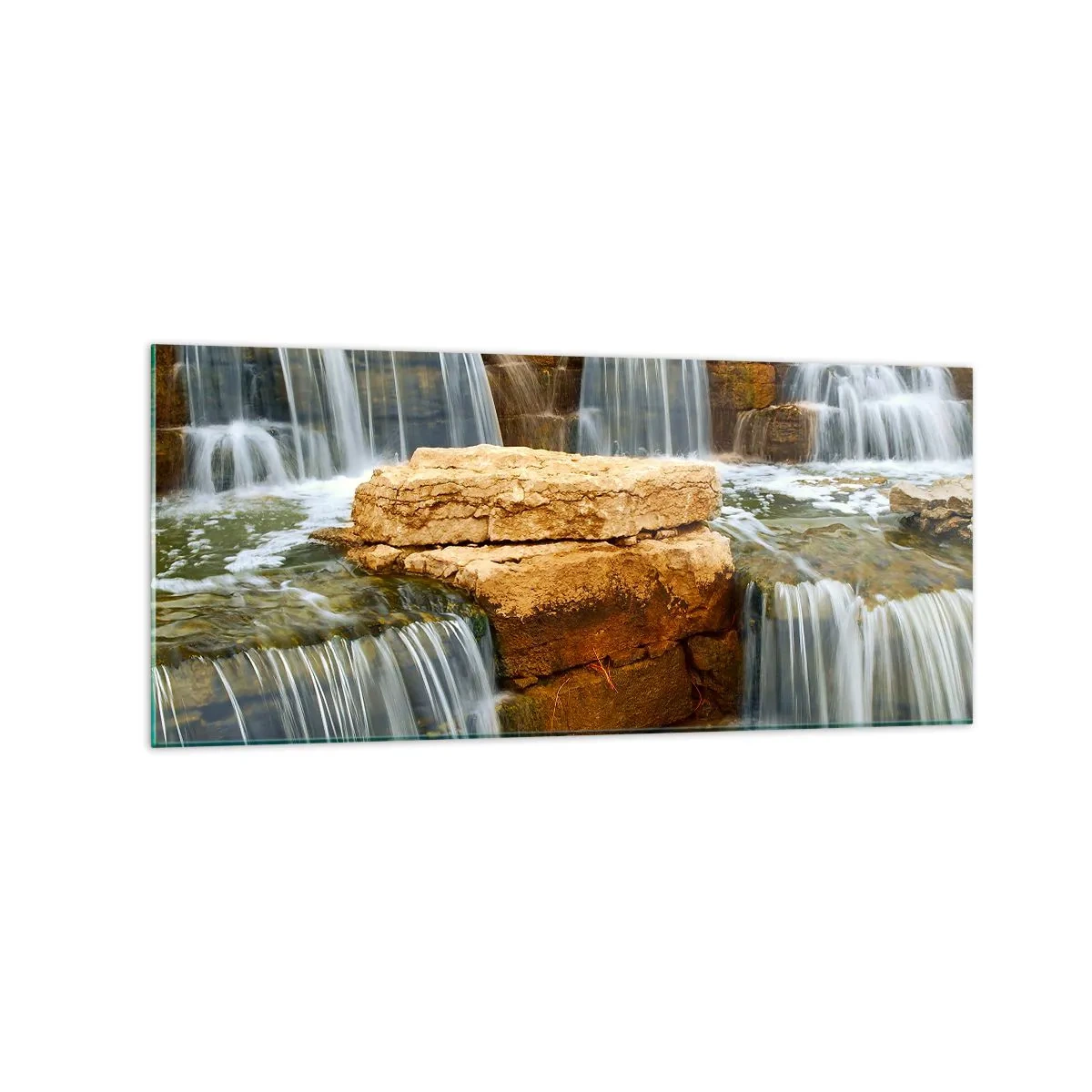 Glasbild - Bild auf glas - Ein Wasserfall, der Steinstufen hinunterfließt - 120x50cm - Treppe zum Himmel - Moderne Wanddekoration für Wohnzimmer und Schlafzimmer ARTTOR