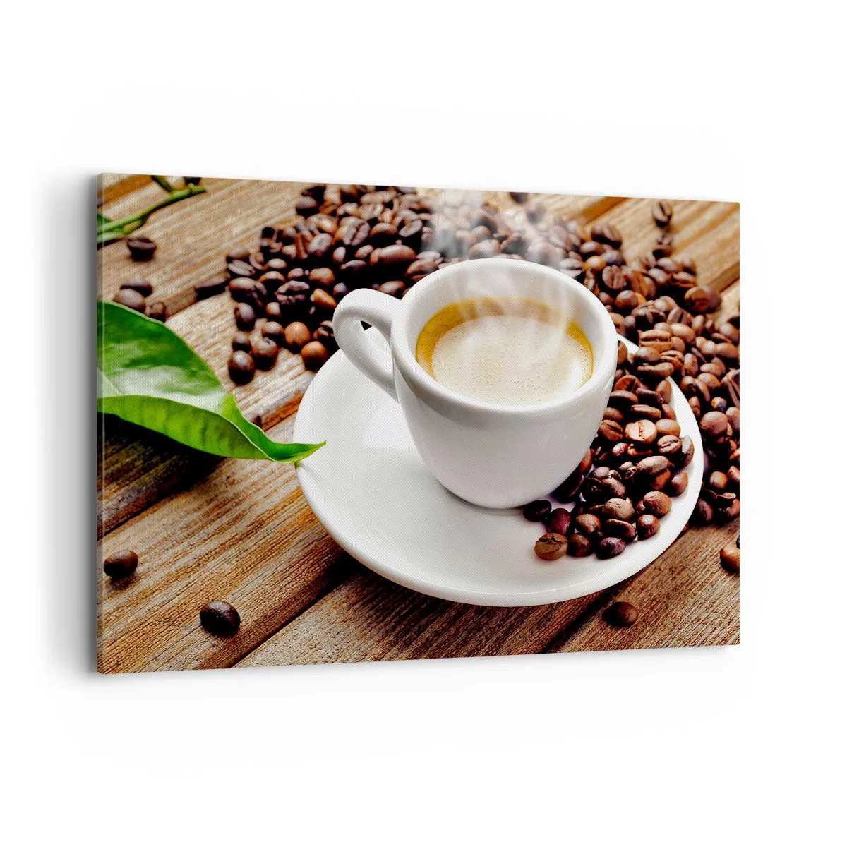 Bild auf Leinwand - Leinwandbild - Eine Tasse aromatischen Kaffee vor dem Hintergrund von Bohnen und einem Blatt - 100x70cm - Kaffee auf der Bank - Moderne Wanddekoration für Wohnzimmer und Schlafzimmer ARTTOR